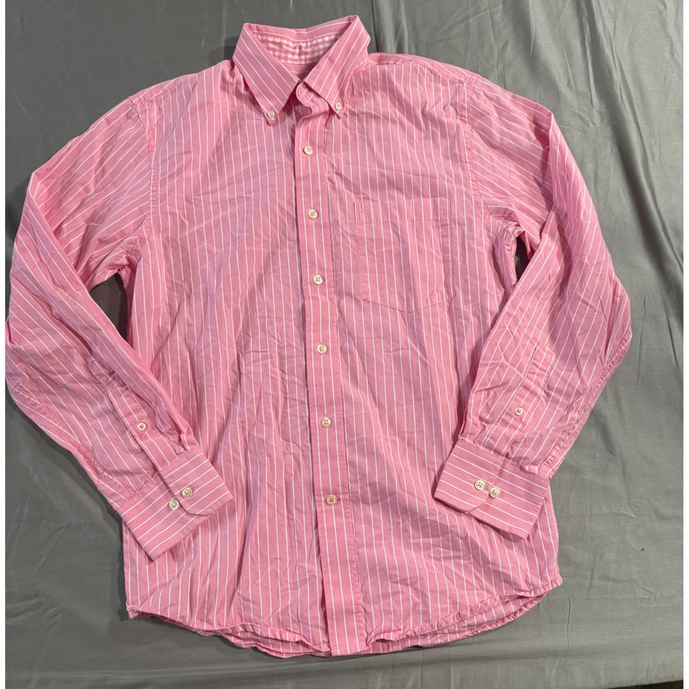 IZOD Mens Pink White Striped Cotton Button Down Shirt Small Long Sleeve Gingham